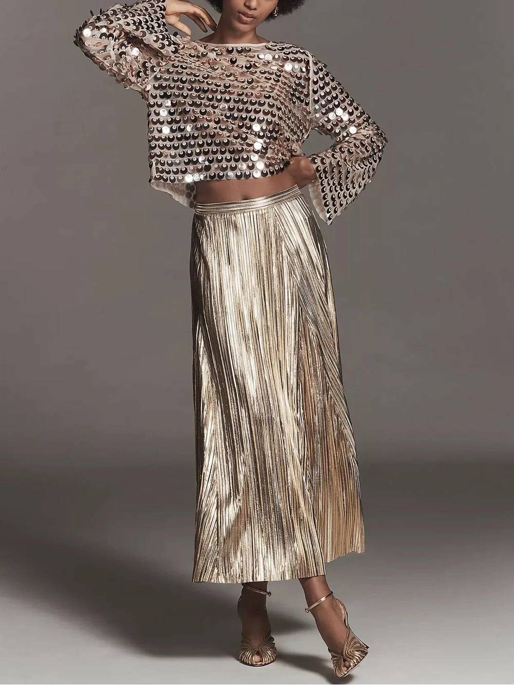 Anthropologie Metallic Pleated Midi Skirt - Picture 2 of 5